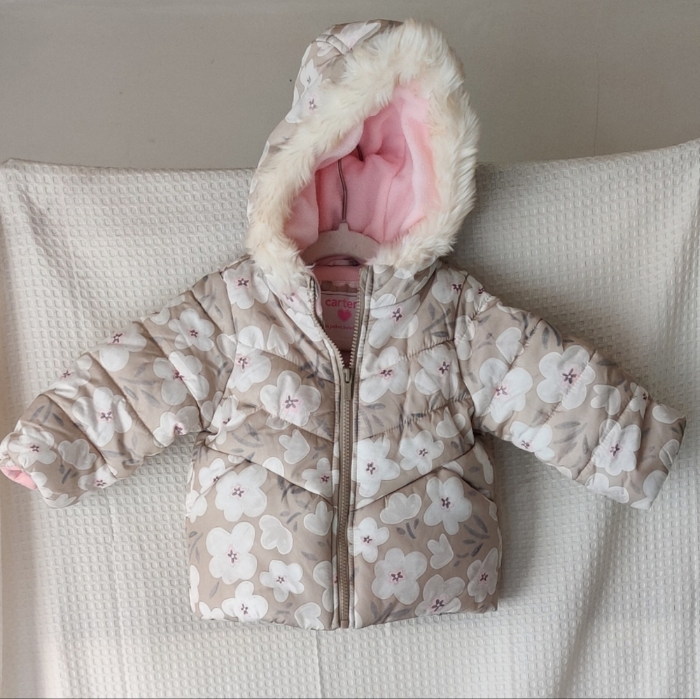 Carter's Toddler Girls Tan w/White Flowers Hooded Puffer Jacket Size 18 Months